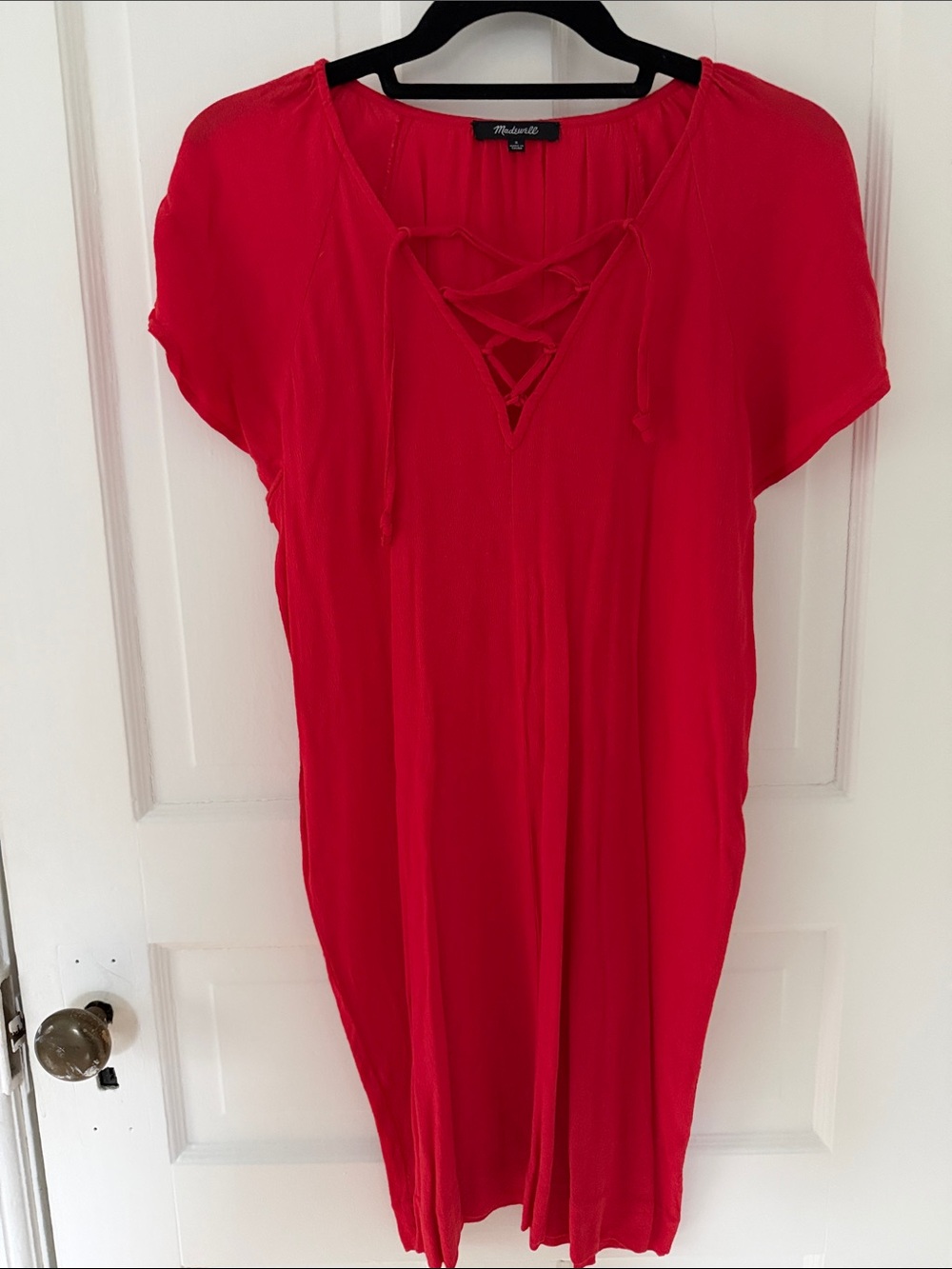 Madewell Red Mini Dress with Lace-Up V-Neck